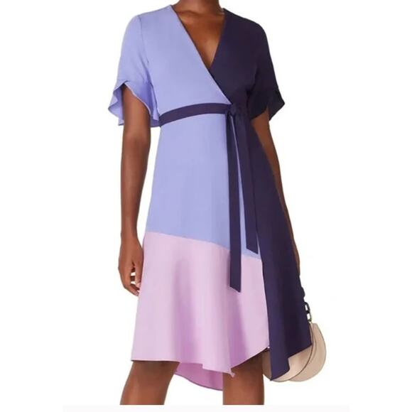 Hutch Womens Dress Ombre Colorblock Wrap V-Neck Flutter Sleeves Blue Pink Size L - Picture 1 of 9